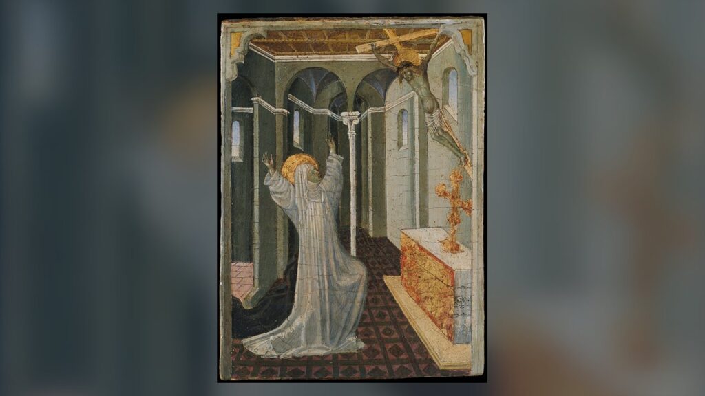 Santa Catarina de Sena recebe os estigmas diante do crucifixo, em êxtase com os braços erguidos