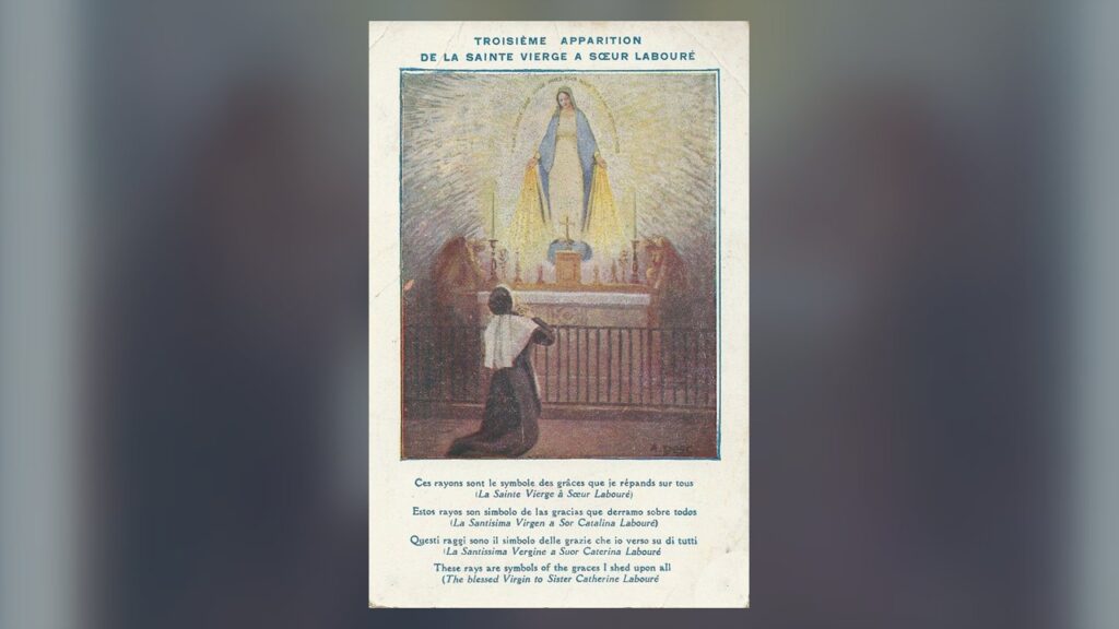 Terceira aparição da Virgem Maria a Santa Catarina Labouré, gravura antiga