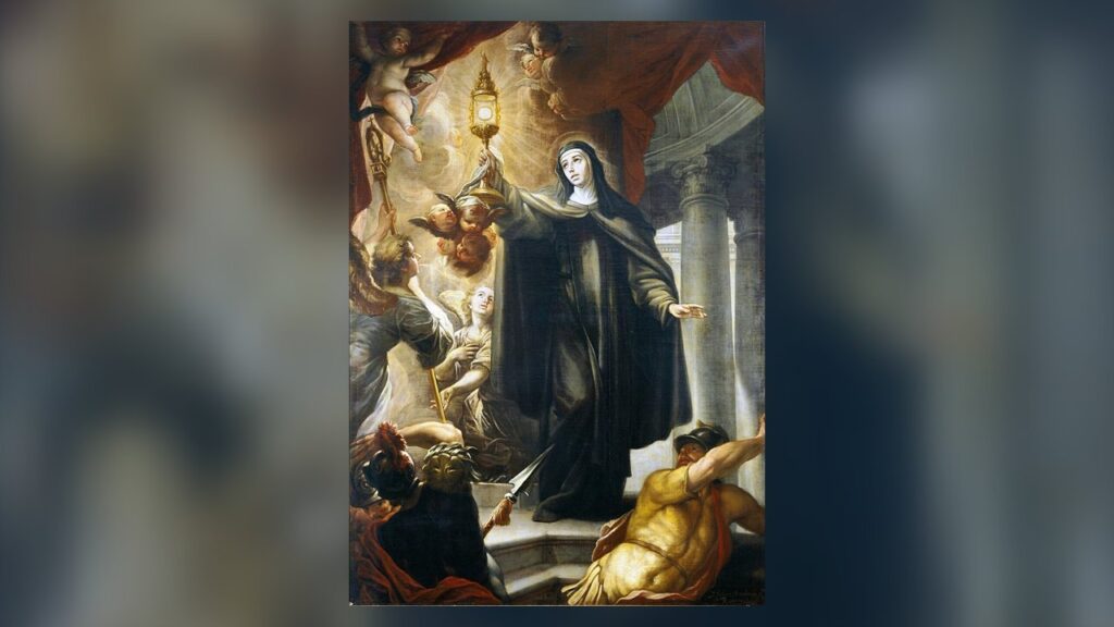 Santa Clara de Assis ergue o ostensório e põe em fuga os soldados sarracenos, segundo a tradição