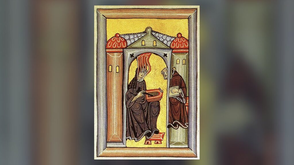 Santa Hildegarda de Bingen recebe a inspiração divina e a dita ao seu secretário, iluminura do Scivias