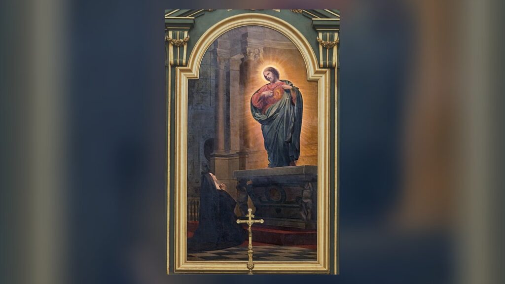 Santa Margarida Maria Alacoque, religiosa da Visitação, contempla o Coração de Jesus
