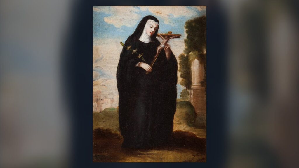 Santa Rita de Cássia, monja agostiniana, com o crucifixo e o hábito preto da ordem