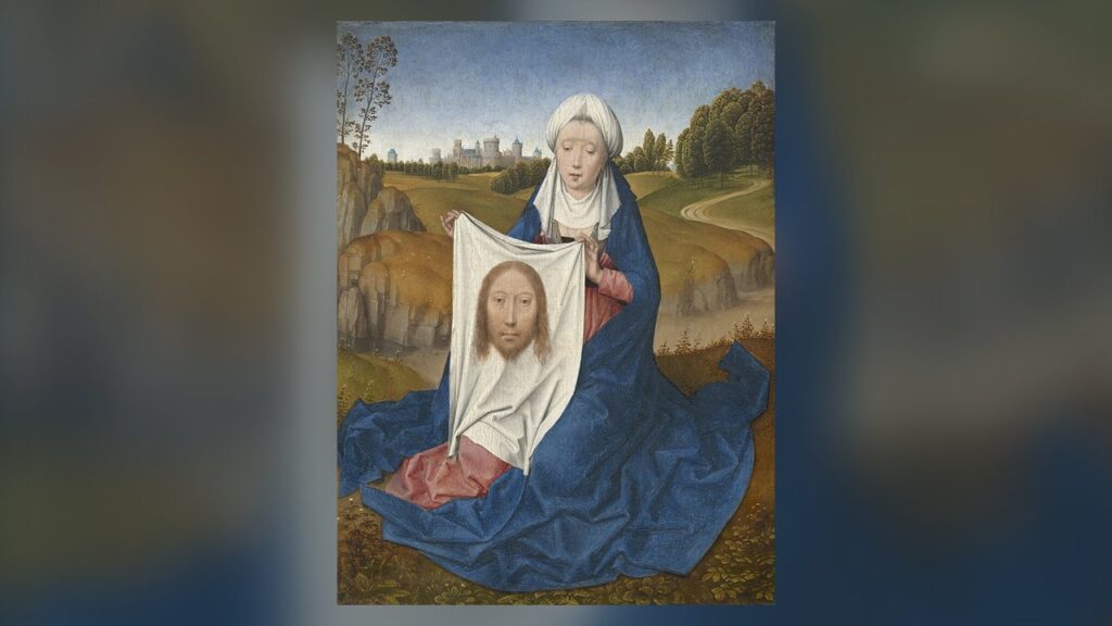 Santa Verônica mostra o véu com o rosto de Cristo, cena da sexta estação, que vem da tradição