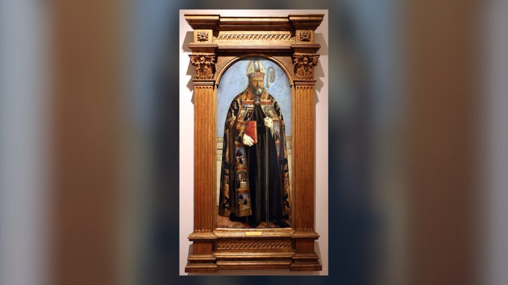 Santo Agostinho como bispo, com mitra, báculo, anel e capa pluvial bordada