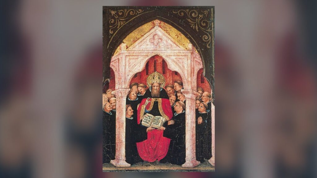 Santo Agostinho entrega a Regra aos seus frades vestidos de hábito preto, origem da vida agostiniana