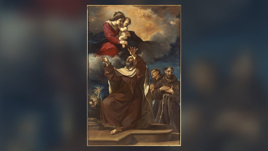 Santo Alberto com o hábito carmelita diante de Nossa Senhora do Carmo, que segura o escapulário
