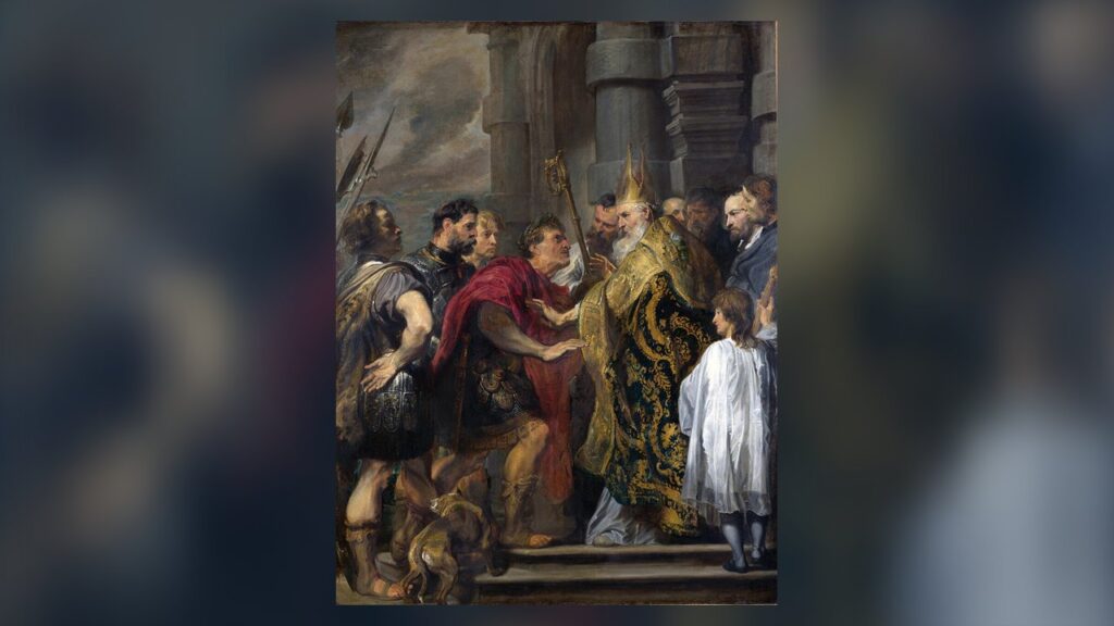 Santo Ambrósio barra a entrada do imperador Teodósio na catedral, exemplo antigo de penitência pública