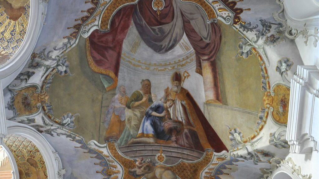 Santo Ambrósio batiza Santo Agostinho, catecúmeno batizado em Milão na Vigília Pascal de 387