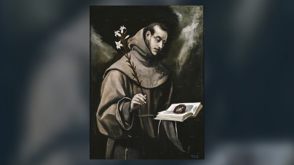 Santo Antônio de hábito franciscano com o livro e o Menino Jesus, o mais popular dos santos franciscanos