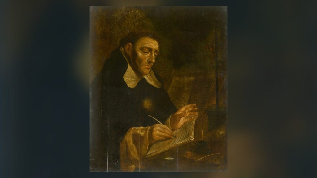 Santo Tomás de Aquino escreve à mesa, autor do Ofício e dos hinos da festa de Corpus Christi
