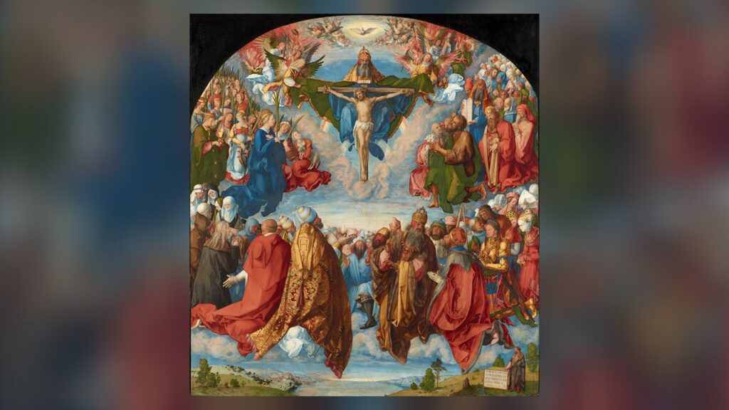 Santos de todos os estados de vida adorando a Santíssima Trindade, o quadro de Todos os Santos de Dürer