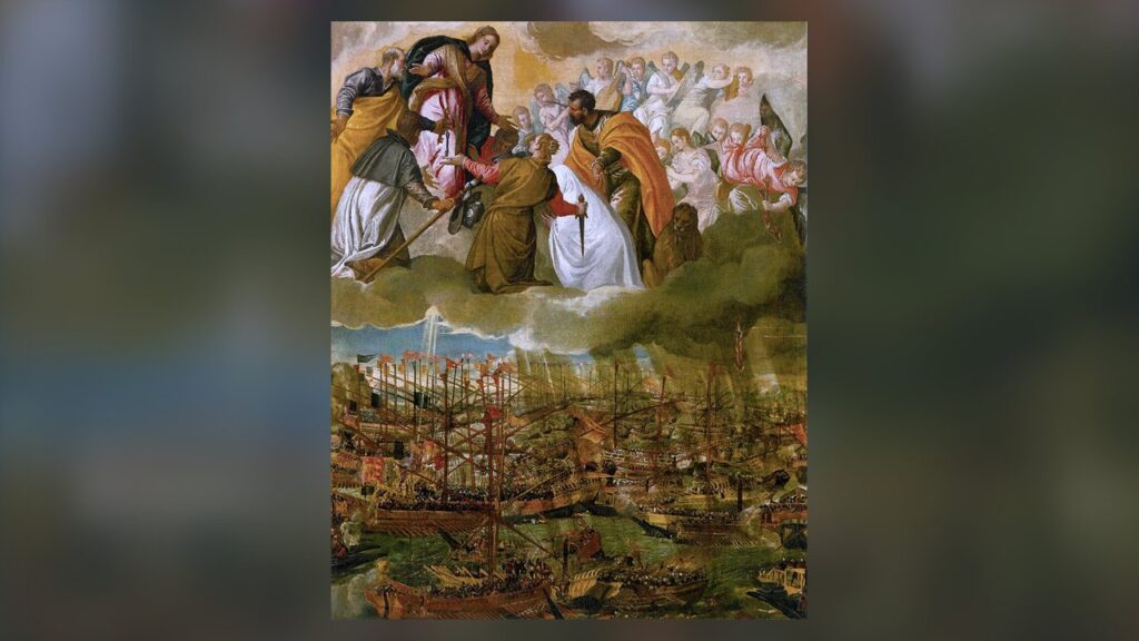 Santos intercedem junto a Nossa Senhora durante a batalha de Lepanto, origem da festa do Rosário