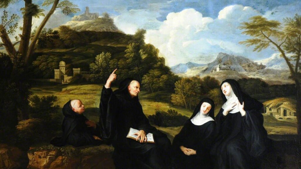 São Bento conversa com a irmã, Santa Escolástica, e duas monjas, sinal da origem das monjas beneditinas