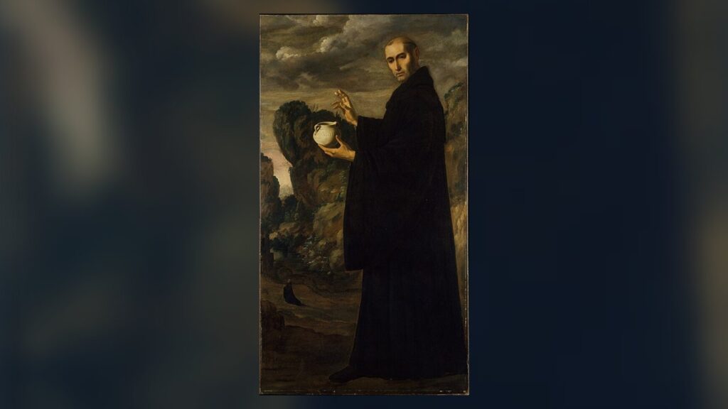 São Bento de hábito preto com o báculo de abade, pai dos monges beneditinos