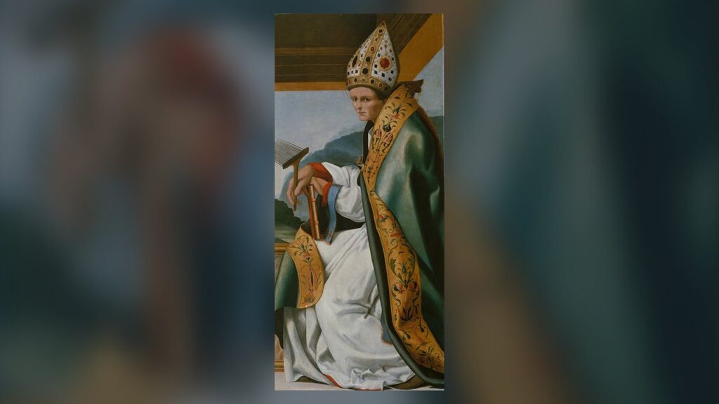 São Brás em trajes de bispo, com mitra, livro e o pente de ferro do seu martírio