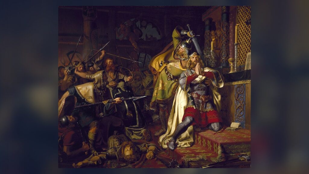 Morte de São Canuto IV da Dinamarca, pintura de Christian Albrecht von Benzon