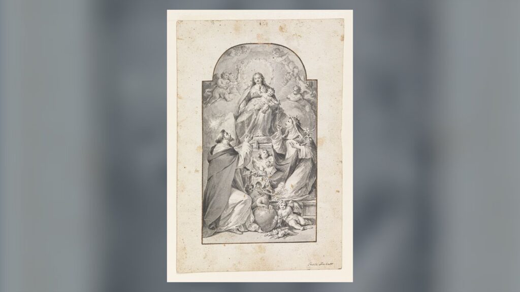 São Domingos e Santa Catarina de Sena recebem o Rosário de Nossa Senhora, segundo a tradição dominicana