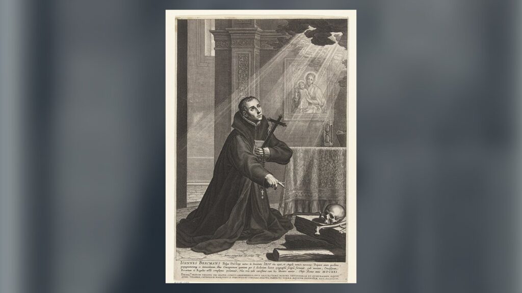 São João Berchmans ajoelhado com o crucifixo, o rosário e a regra, venerado como patrono dos coroinhas
