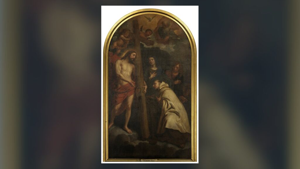 São João da Cruz, com o hábito carmelita, ajoelhado diante de Cristo com a cruz