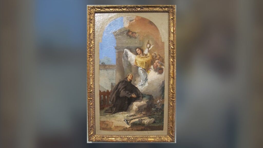 São Pascoal Bailão ajoelhado adora o ostensório trazido por um anjo, patrono das obras eucarísticas