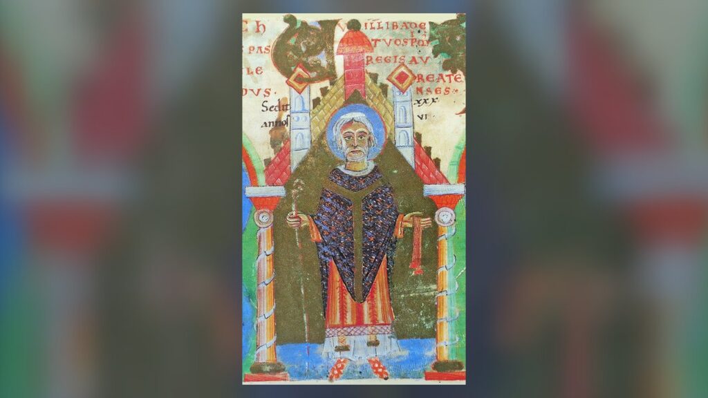 São Vilibaldo, bispo de Eichstätt, miniatura do Pontifical Gundekarianum