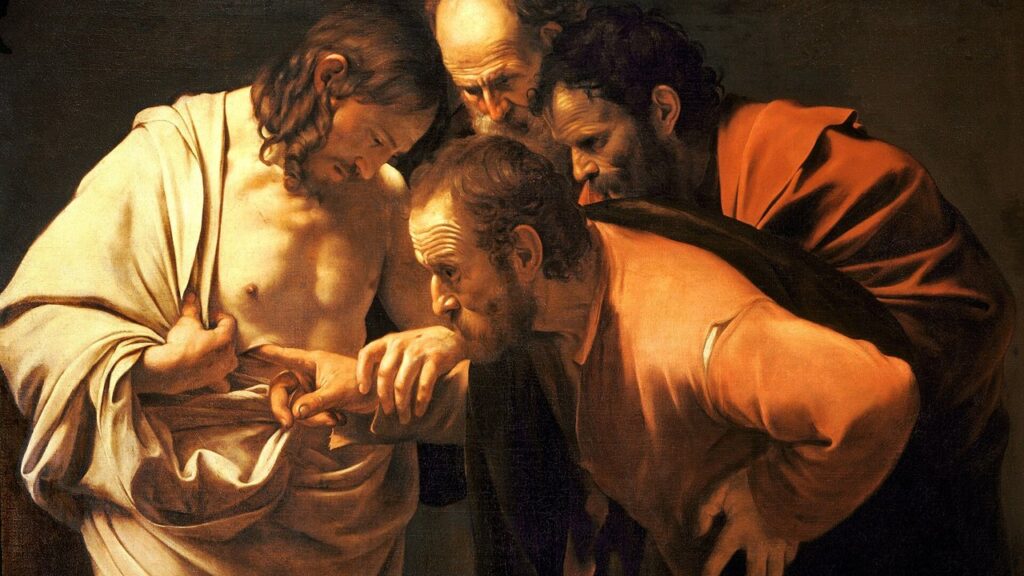 Tomé toca a chaga do lado de Cristo ressuscitado e confessa: Meu Senhor e meu Deus