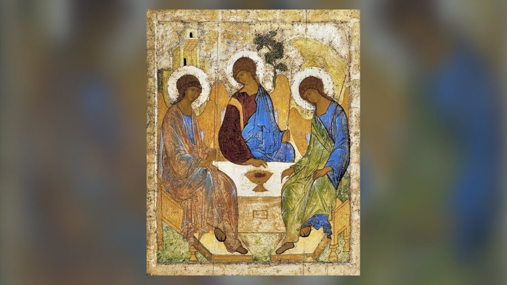 Três anjos à mesa de Abraão, o ícone da Santíssima Trindade pintado por Andrei Rublev