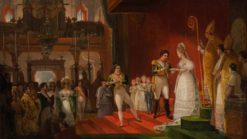 Troca de alianças diante do bispo e das testemunhas no casamento de Dom Pedro I e Dona Amélia, no Rio de Janeiro