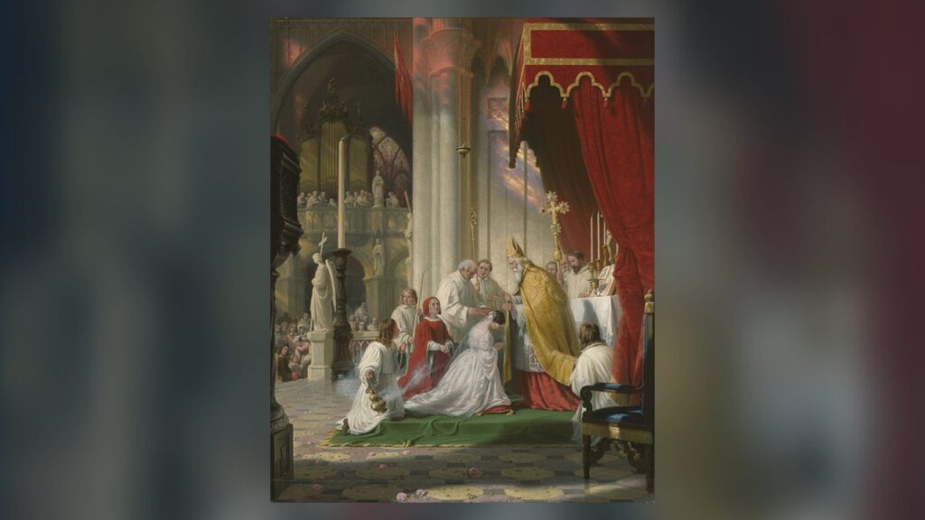 Uma jovem ajoelhada recebe o véu das mãos do bispo, consagrando a vida a Deus na vida religiosa