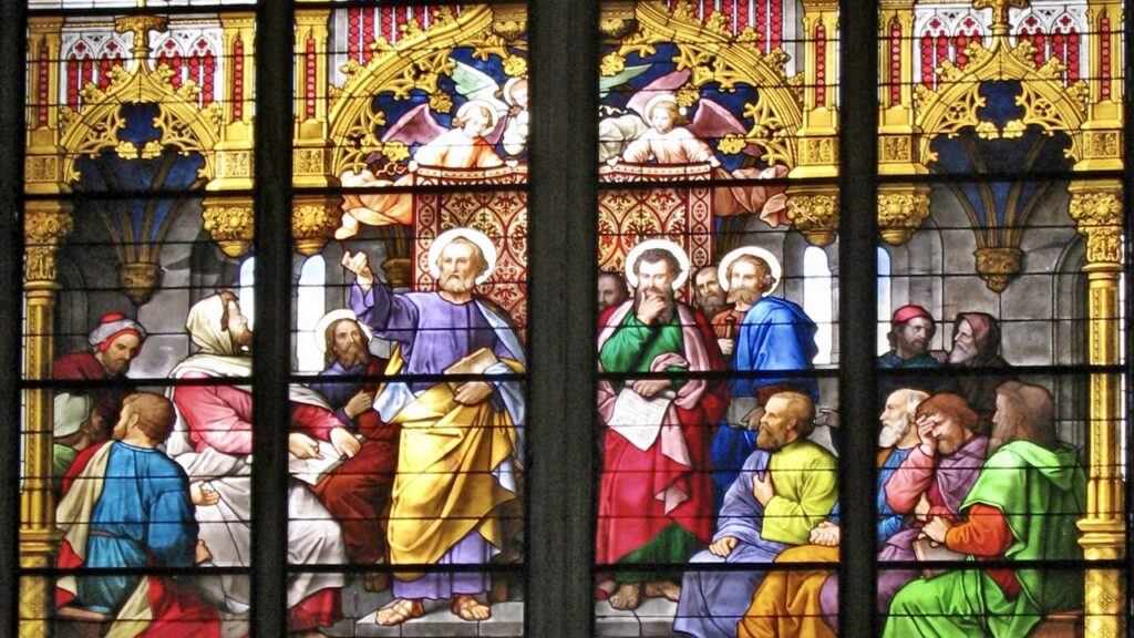 Vitral do Concílio de Jerusalém em Colônia: apóstolos reunidos, modelo de todo sínodo
